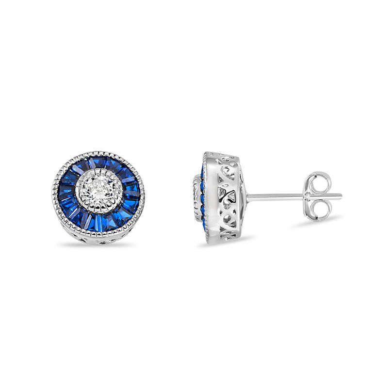 Sapphire-blue Baguette CZ Round Sterling Stud Earrings - Click Image to Close